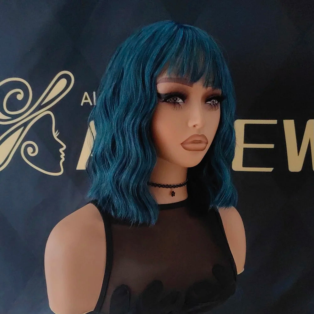 Heat Resistant Blue Body Wave Bob Wig With Bangs For Women