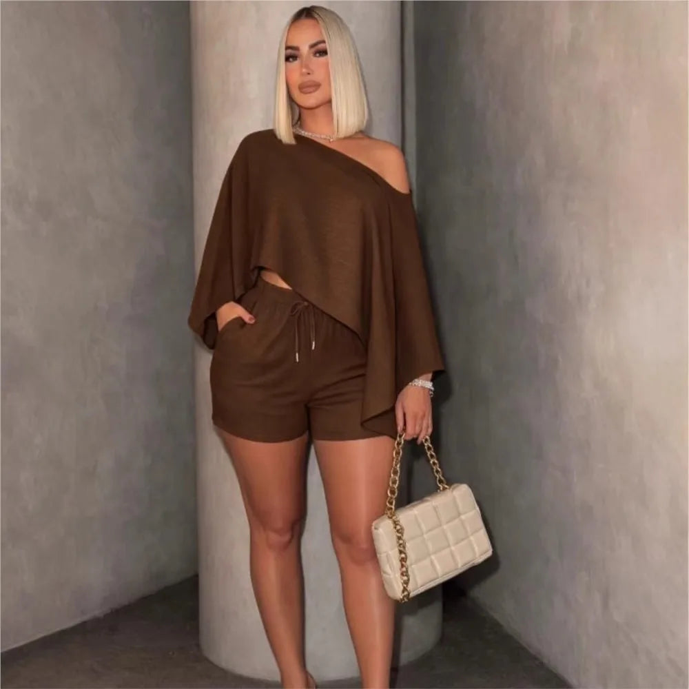 Off Shoulder Bat Sleeve Top Two Piece Set for Women