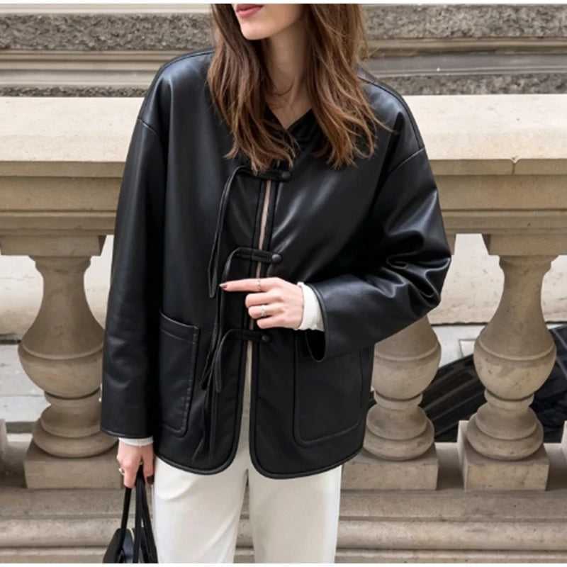 Autumn Winter Pu Leather Moto Jacket With Long Sleeve for Women