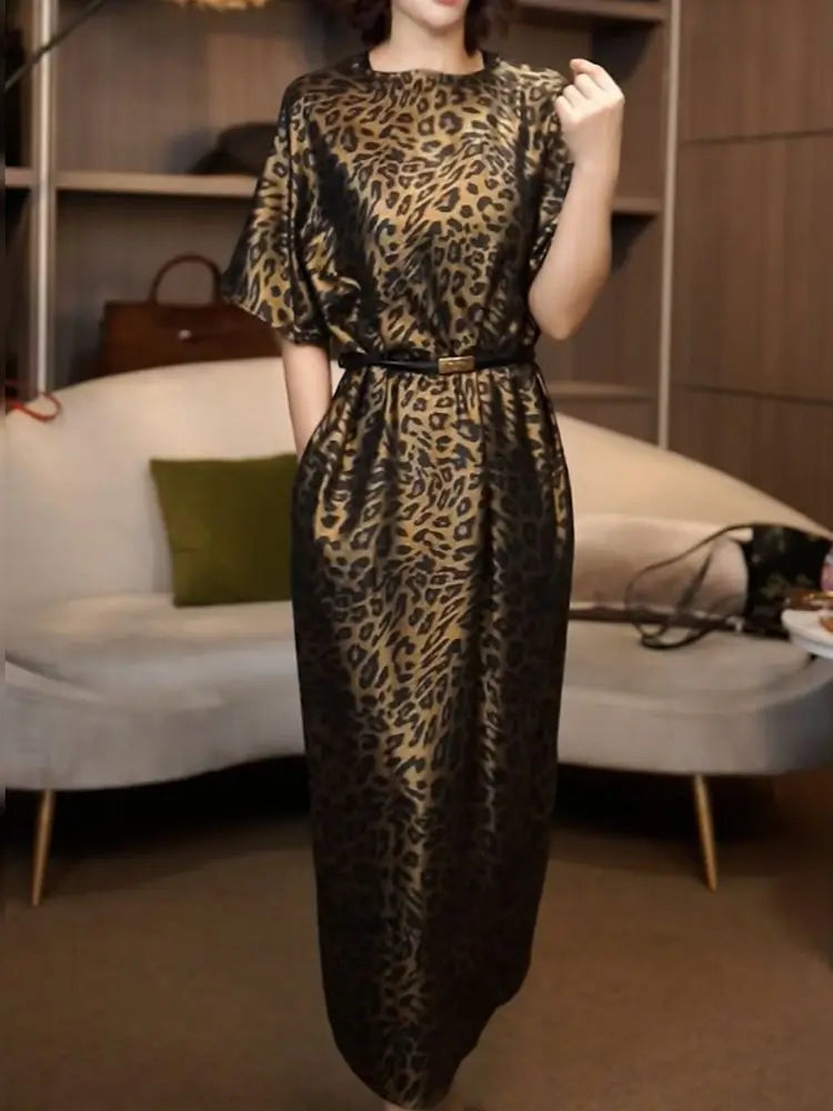 Lightweight Leopard Print V Neck Midi Dress For Women