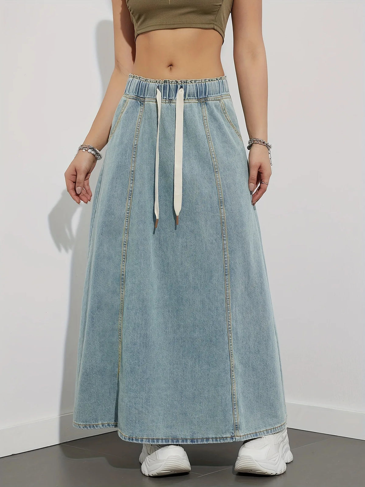 Elastic Waist Lace Up Loose Casual Denim Maxi Skirt for Women