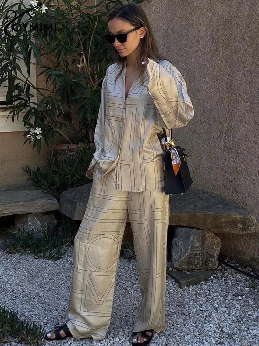 Oymimi Elegant Beige Print Two Piece Set For Women Fashion Long Sleeve Single Breasted Shirts And High Waisred Trousers Sets