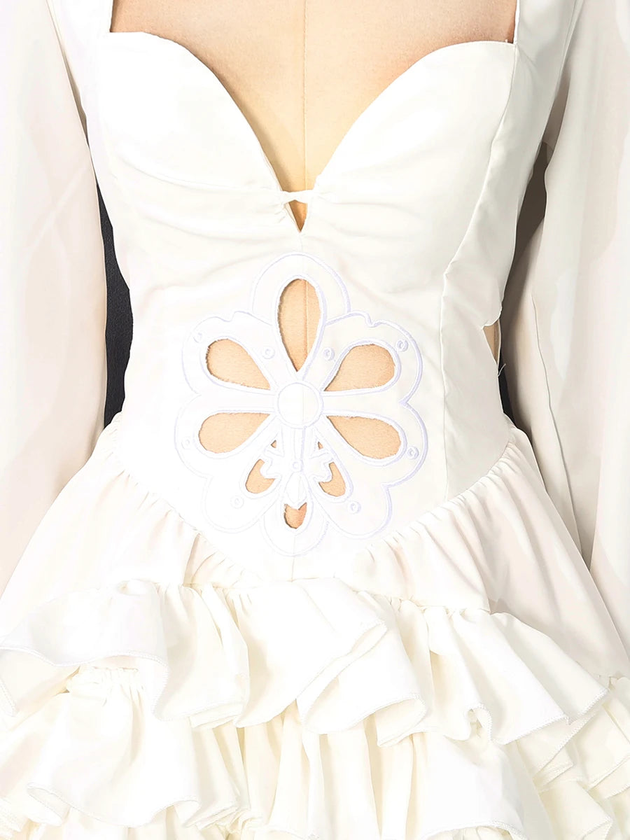 White Floral Cutout Puff Sleeve Gown With Asymmetric Train for Women