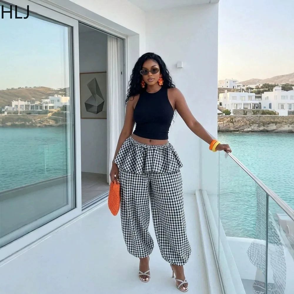 Sleeveless Top and Plaid Ruffle Pants Two Piece Set for Women