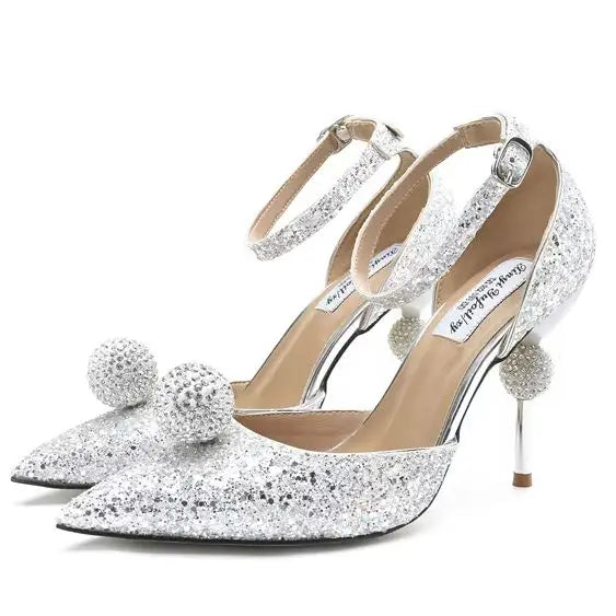 Bridal Crystal Ball Silver Pointed Toe Stiletto Heels For Women