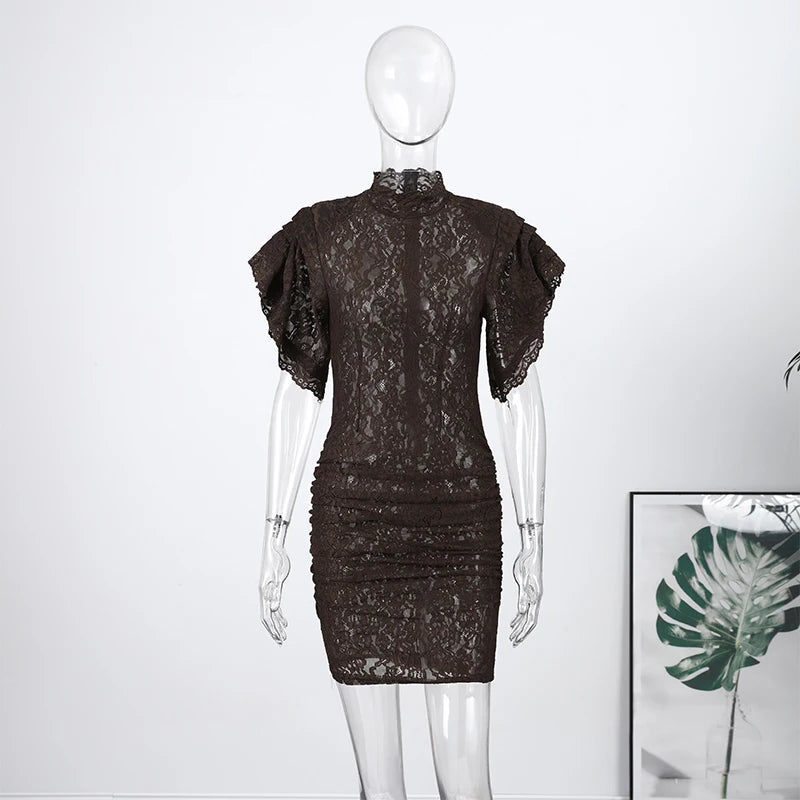 Sheer Lace Flared Sleeve Knee Length Party Dress for Women