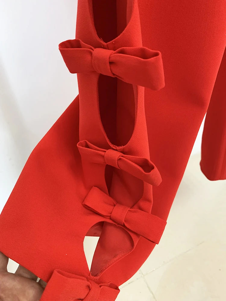 HIGH STREET Newest 2026 Designer Suit Set Women's Long Sleeve Hollow Out Bow Blouse Tops Straight Pants Set 2pcs
