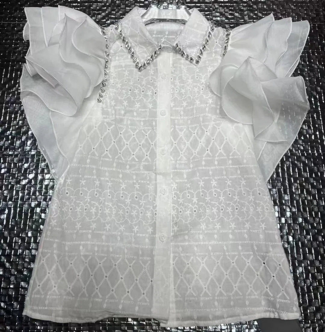 Diamond Stitch Jacquard Cotton Blouse With Ruffles for Women