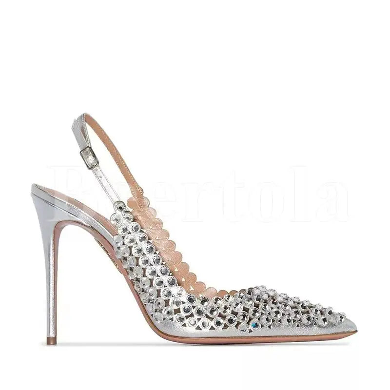 New Rhinestones Woman Sandals Diamond Pointed Toe Shallow Thin High Heels Back Strap Stilettos Female Wedding Bride Sandals