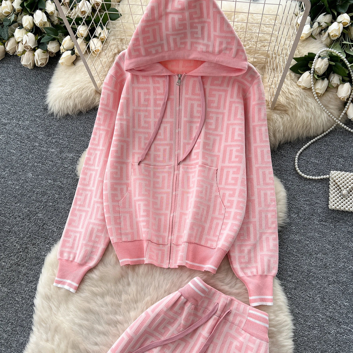 Geometric Print Hooded Knit Two Piece Set for Women