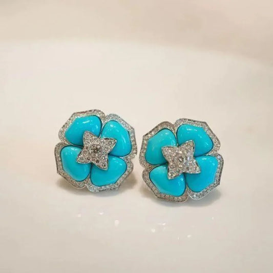 Luxury and fashionable turquoise earings stud with silver inlaid blue flower earrings for women classic wedding jewelry gift