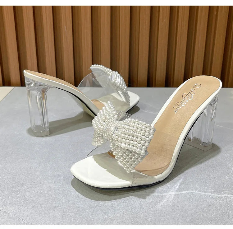 Pink Pearl Bow Design Clear Crystal High Heels for Women