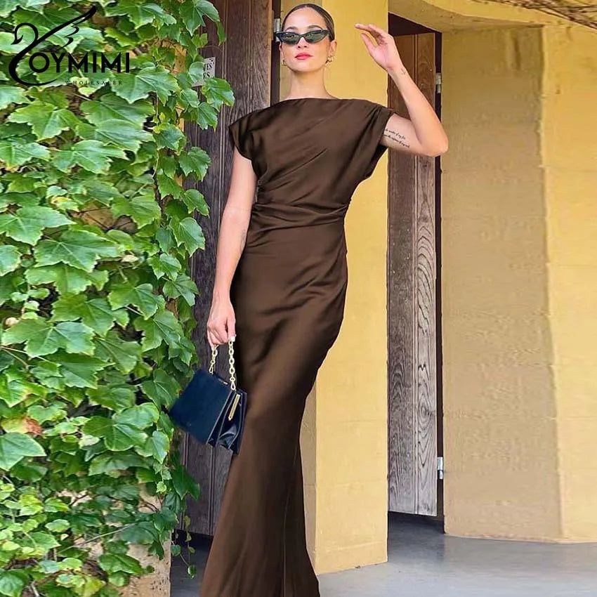 Oymimi Elegant Brown O-Neck Womens Dresses Fashion Short Sleeve Slim Solid Dresses Casual Slim Floor-Length Dress Streetwear