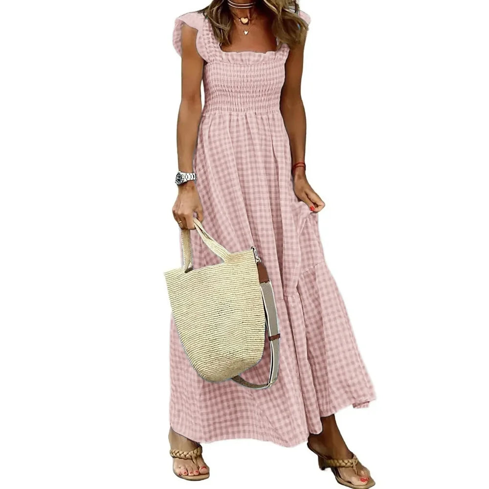 Flowy Plaid Backless Maxi Dress with Elastic Waist for Women