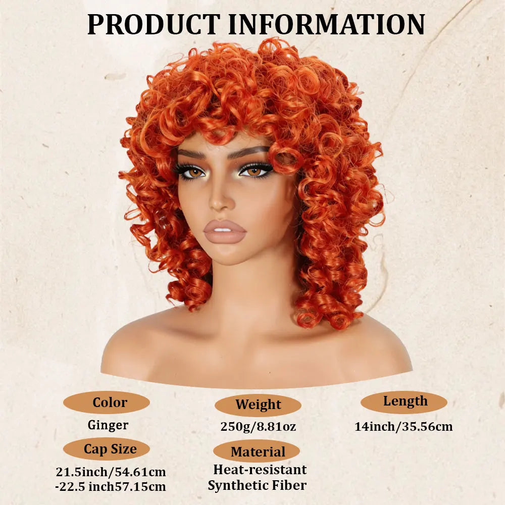 Glueless Natural Ginger Afro Curly Wig With Bangs For Women