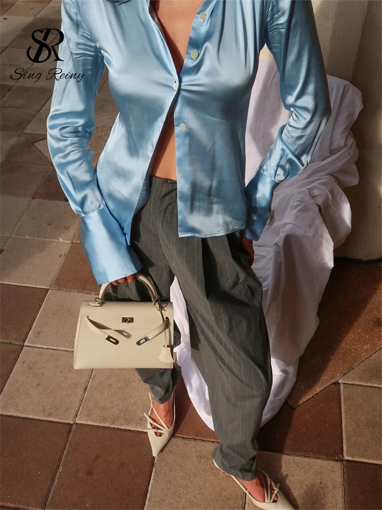Slim Fit Satin Long Sleeve Button-Up Blouse for Women