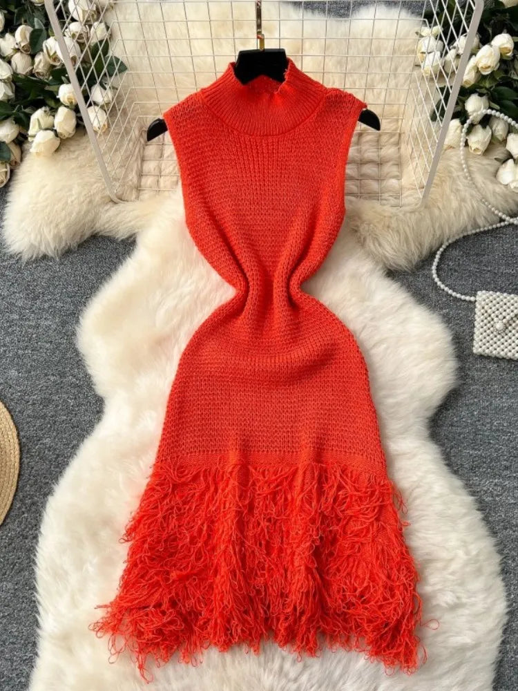 Elegant Round Neck Sleeveless Tassel Hem Bodycon Mini Knitted Dress for Women