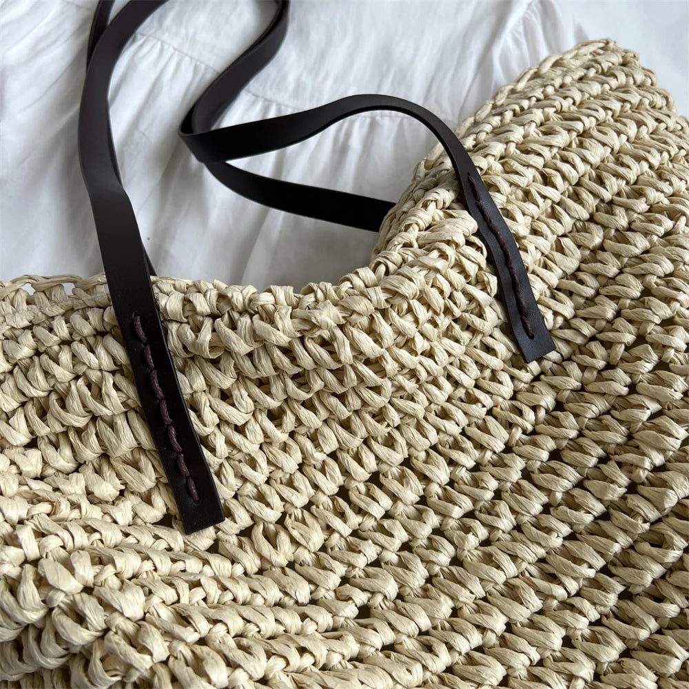 Large Capacity Straw Woven Shoulder Tote Bag for Women