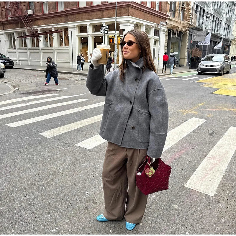 Solid Double Breasted Stand Collar Long Sleeve Overcoat for Women