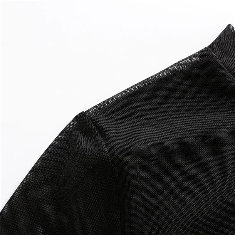 Sexy Women Crop Top Mesh Sleeve T-Shirt Sexy Tops Hollow Out Transparent Tops Ladies T Shirt Black Top Casual T-shirt Tee Shirts