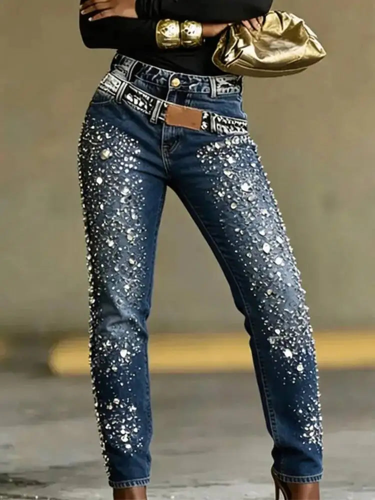 Rhinestone Washed Denim Jeans for Women