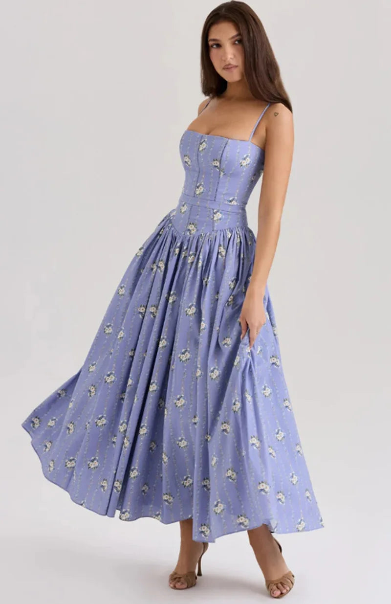 Vintage Boho Floral Print Maxi Dress with Ruffles for Women