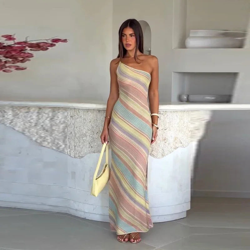 Elegant One Shoulder Printed Mid-Calf Dress for Women