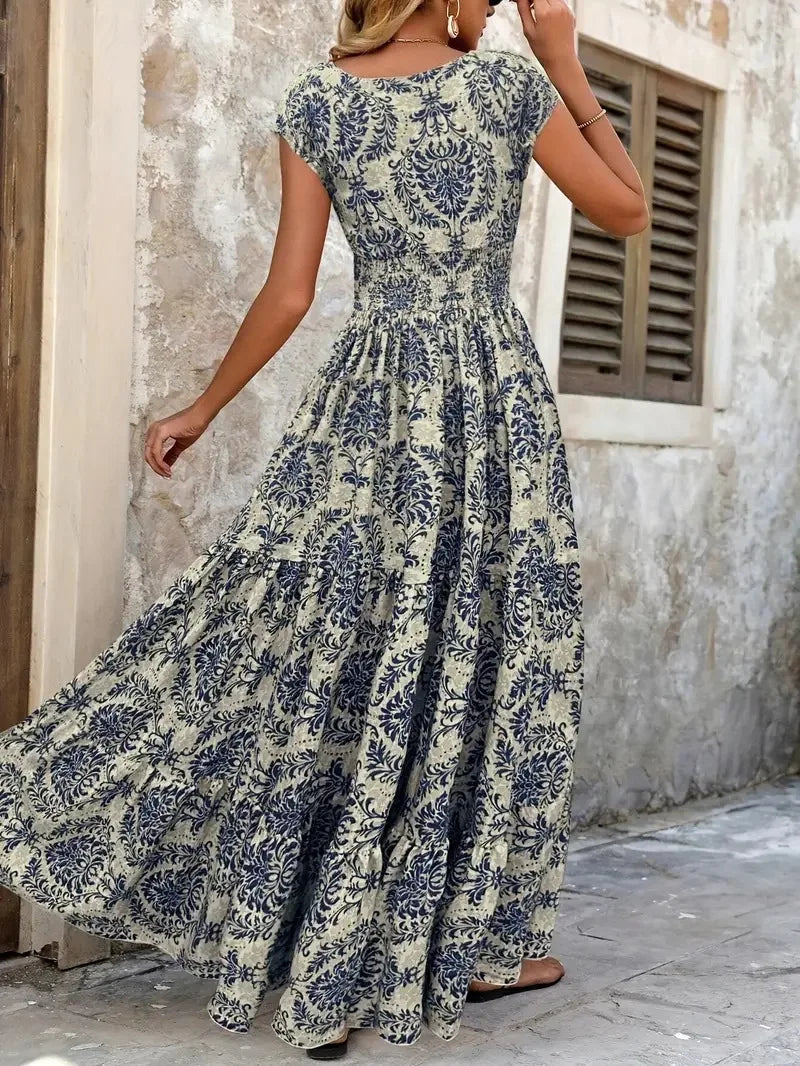 Bohemian Floral Printed V Neck Midi Dress For Women