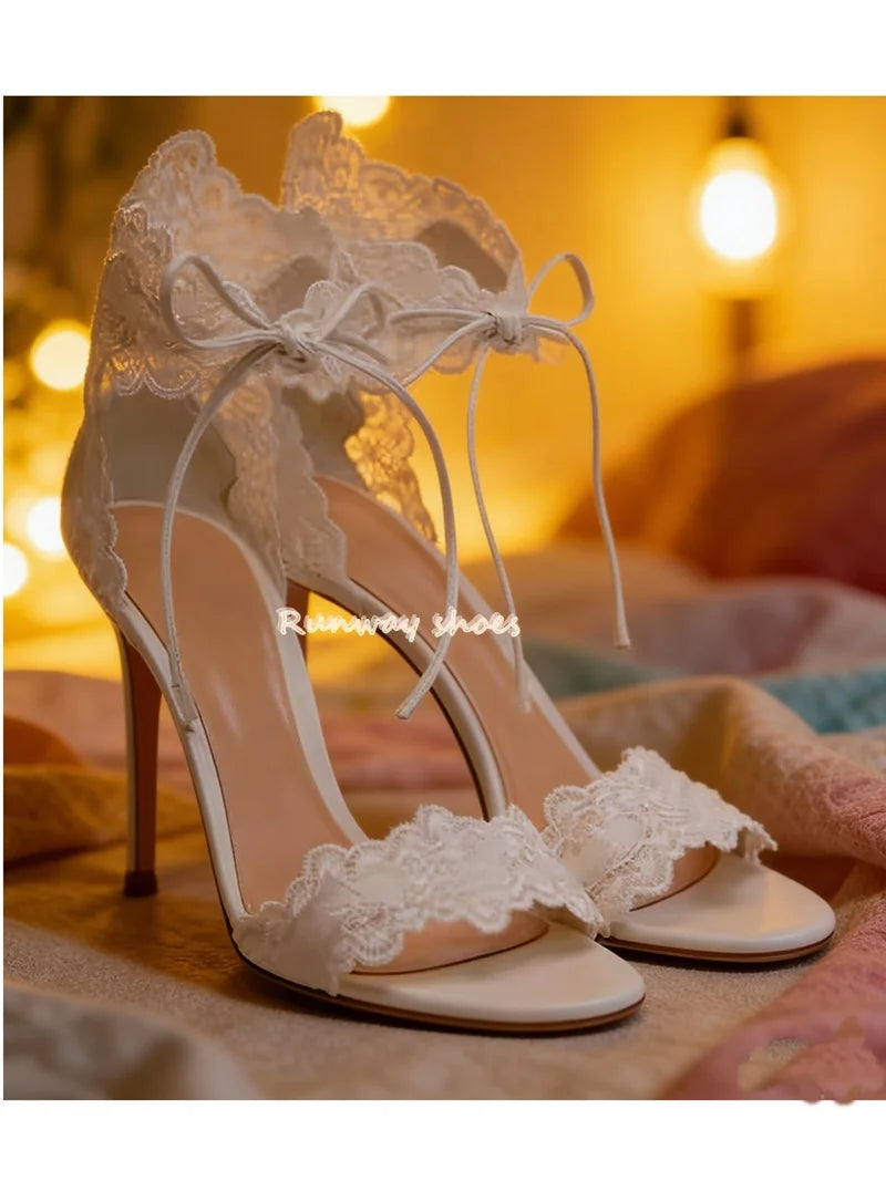 Lace Round Toe Ankle Strap White Wedding Heels for Women