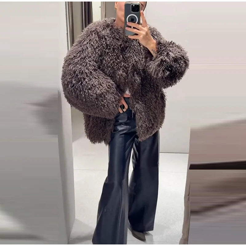 Vintage Women's Fur Coat Elegant Open Collar Thicken Full Sleeve Jacket With Furs Female 2025 New Autumn Winter Woman Clothes