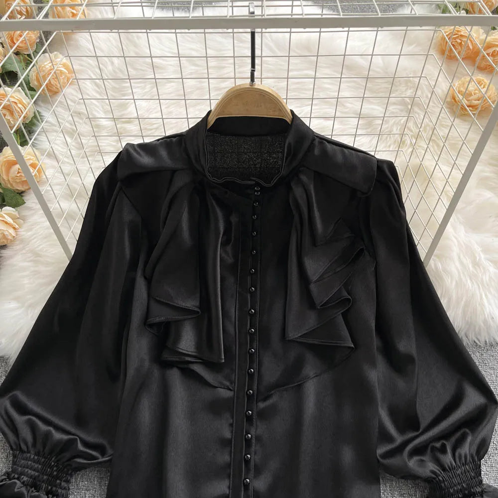 Elegant Satin Ruffle Long Sleeve Blouse for Women