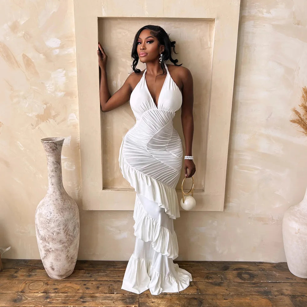 Halter Neck Ruched Satin Mermaid Evening Dress for Women
