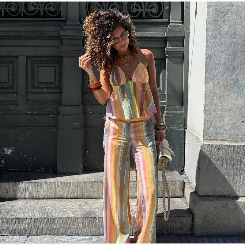 Cotton Striped High Waist Two Piece Summer Set For Women