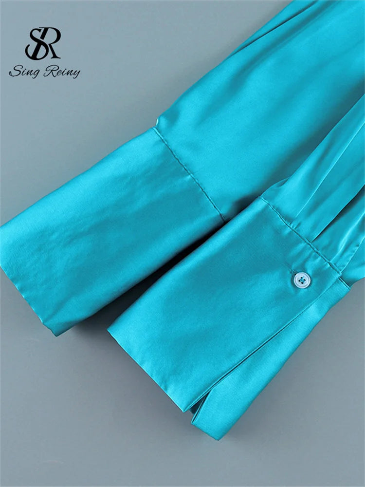 Slim Fit Satin Long Sleeve Button-Up Blouse for Women