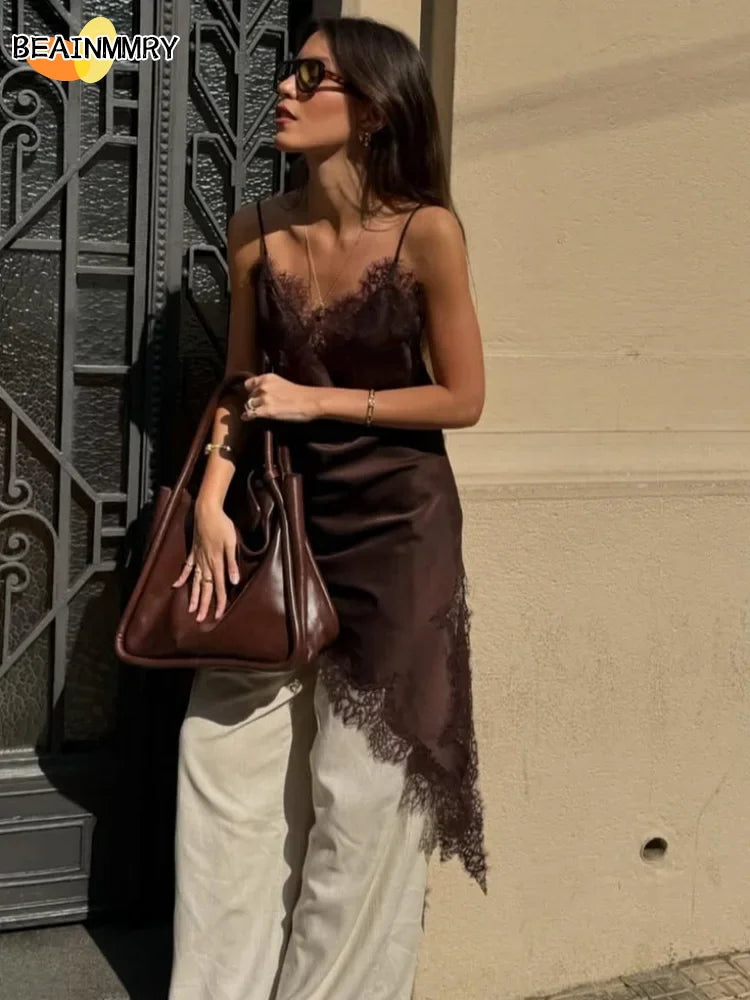 Brown Satin Lace Splicing Sling Dress Women Elegant Irregular Hem V Neck Backless Sleeveless Gown Chic Women Party Club Vestidos
