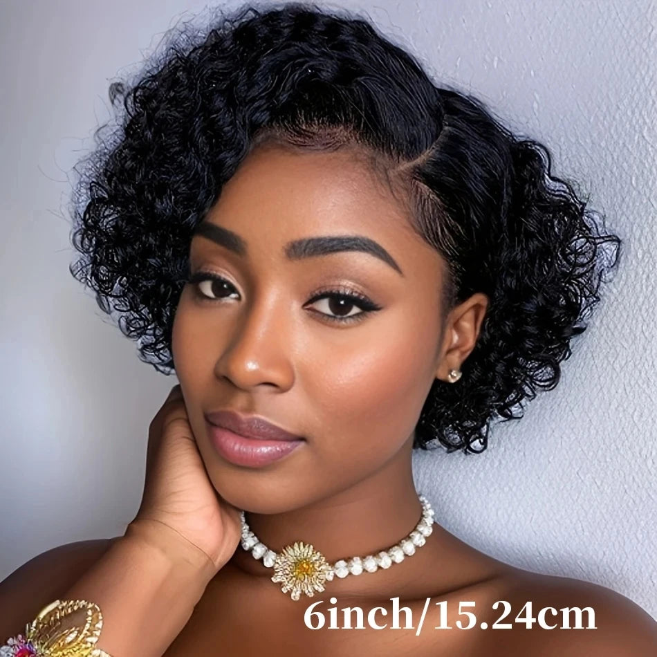 Short Kinky Curly Pixie Cut Human Hair Lace Wig for Women