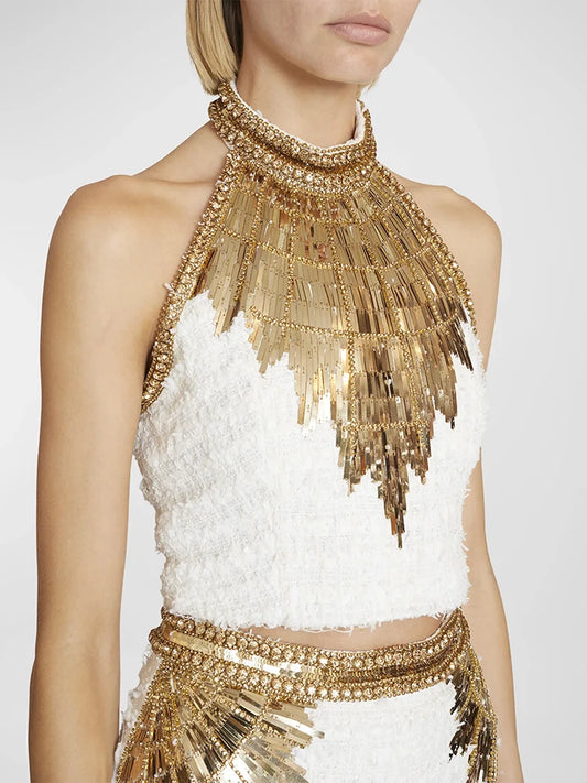 HIGH STREET Newest Fashion 2024 Designer Tops Women's Stunning Metallic Diamonds Beaded Halter Neck Tweed Camis Tank Tops