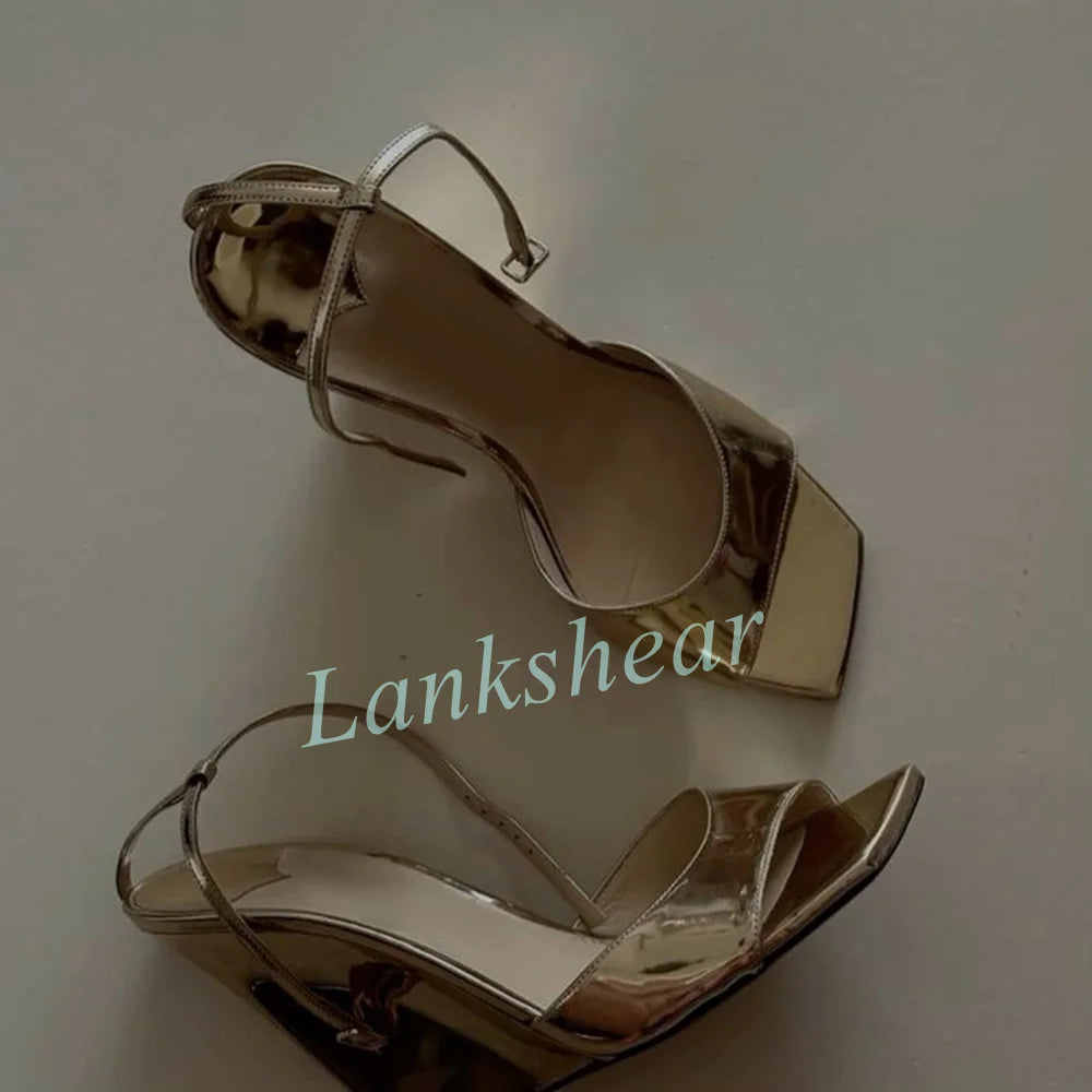 Metallic Gold Square Open Toe Wedge Sandals for Women
