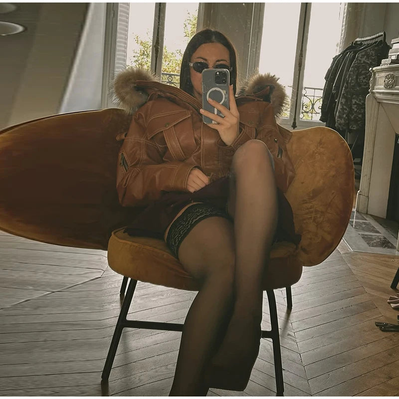 Fur Collar Women 's Leather Jackets Vintage Hooded Zipper Pockets Full Sleeve Jackets Lady 2025 New Woman Winter Coats Outwears