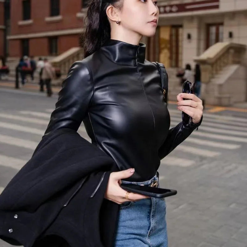 Slim Fit Faux Patent Leather Turtleneck Top for Women