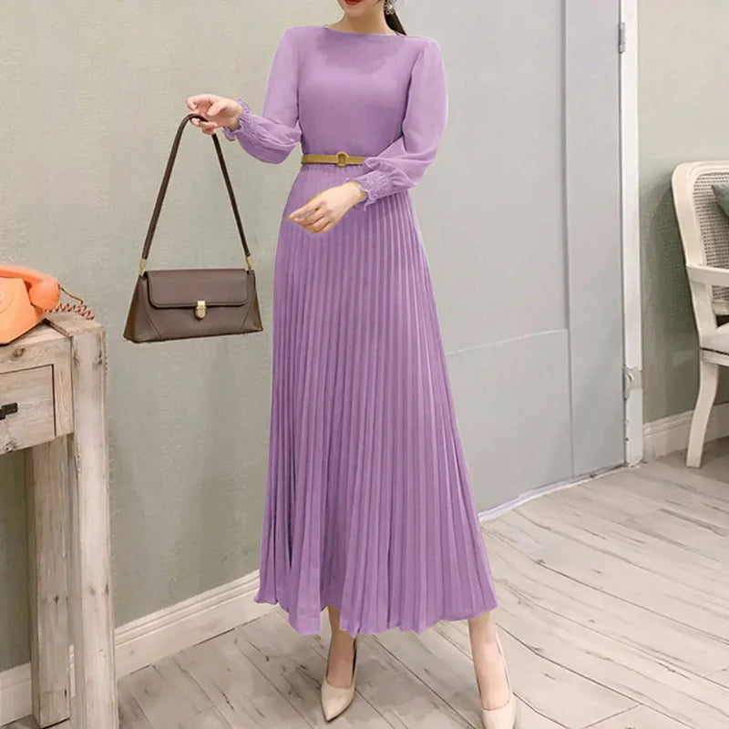 Pleated Lantern Sleeve Maxi Dress