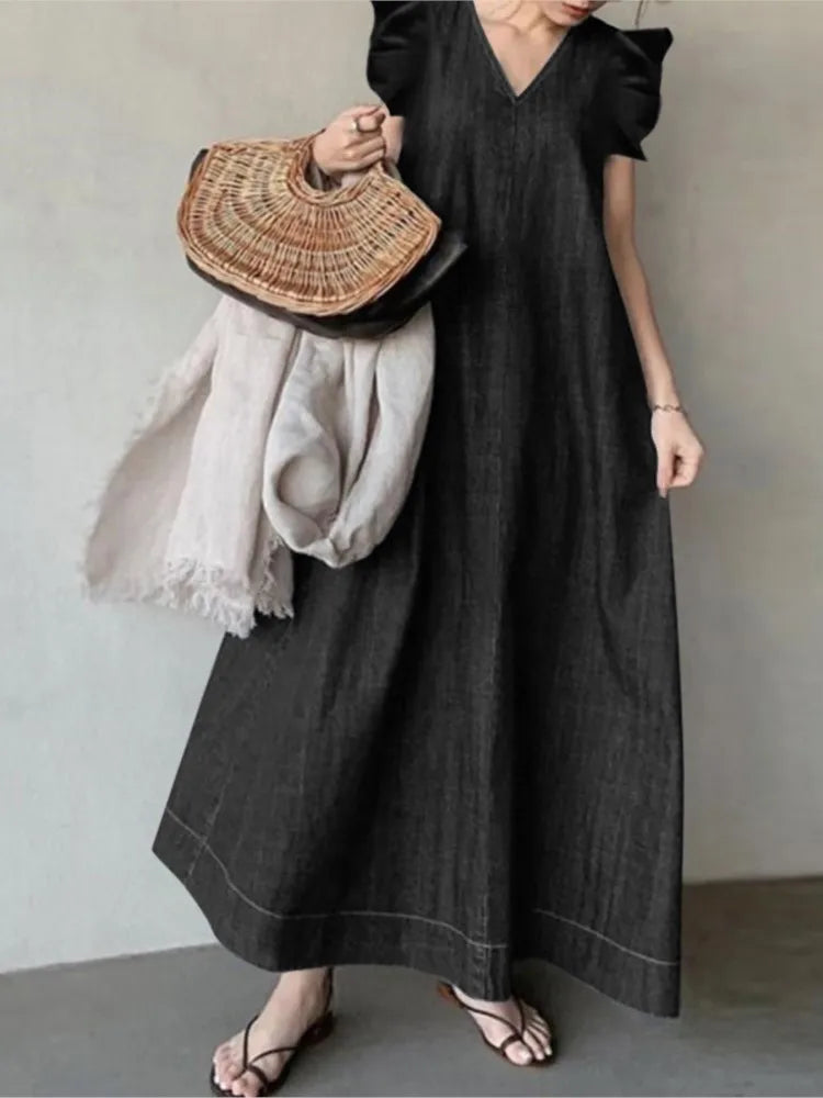 Bohemian Style V Neck Flutter Sleeve Denim Maxi Dress for Women