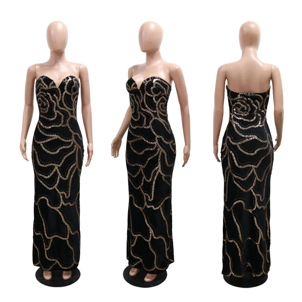 Sweetheart Strapless Deep V Velvet Rhinestone Rose Pattern Maxi Dress for Women