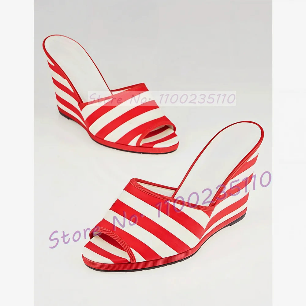Elegant Red Stripe Canvas Open Toe Wedge Mules For Women
