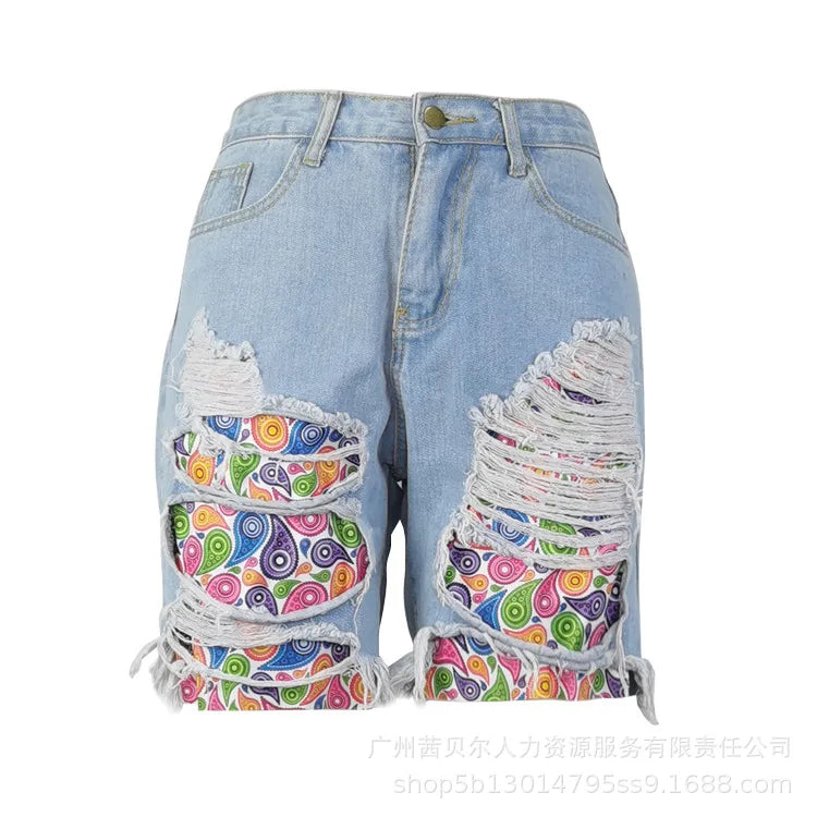 Casual Slim Knee Length Patchwork Denim Shorts for Women