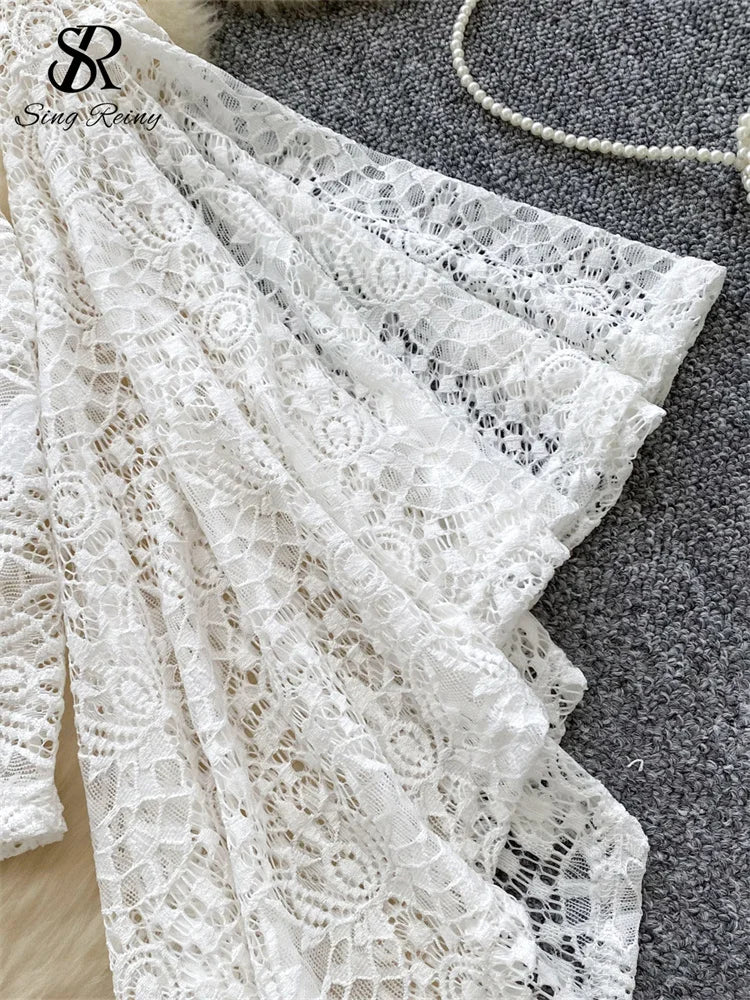 Sheer Lace V Neck Mini Dress With Flared Sleeves for Women