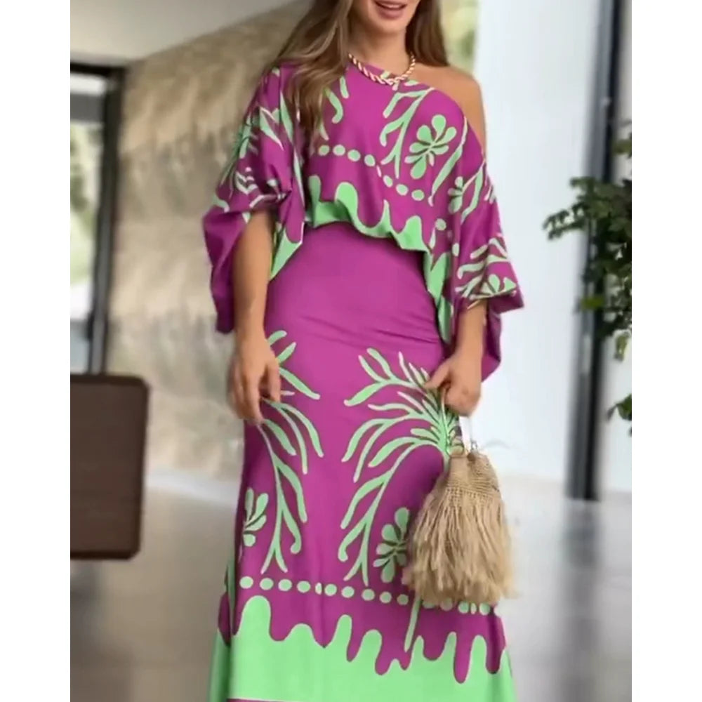 Women's 2 Pieces Outfit Tropical Print Lantern Sleeve Cold Shoulder Loose Top and Casual High Waist Fishtail Maxi Skirt Set
