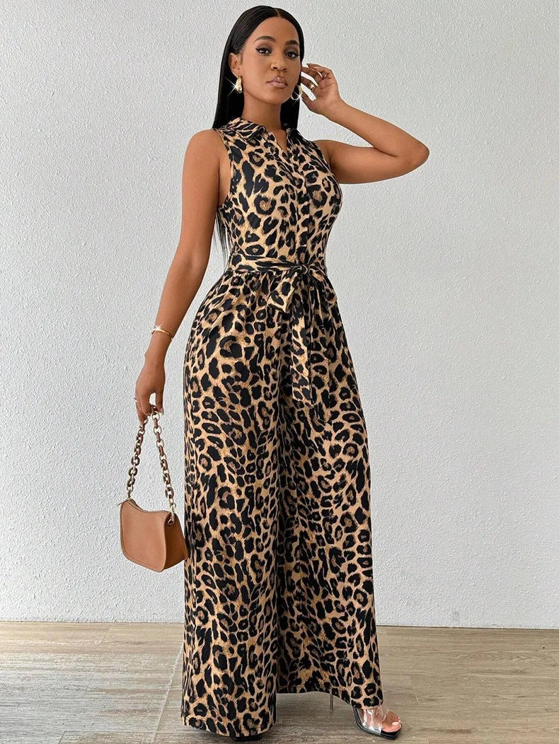 Sleeveless Leopard Print Ankle Length Jumpsuit for Women