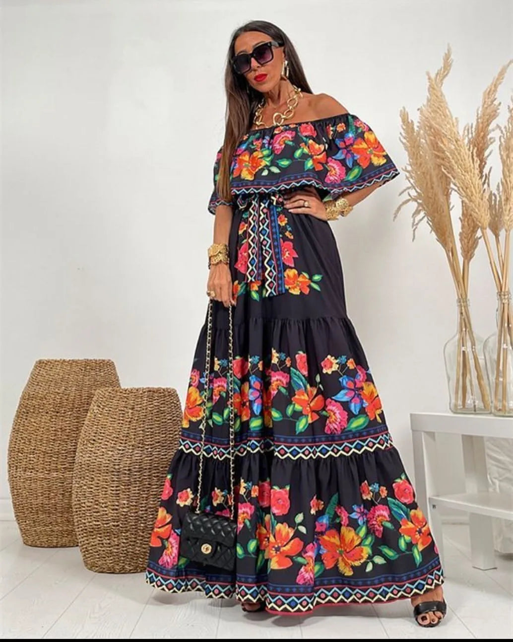 Floral Print Off Shoulder High Waist Dress for Women