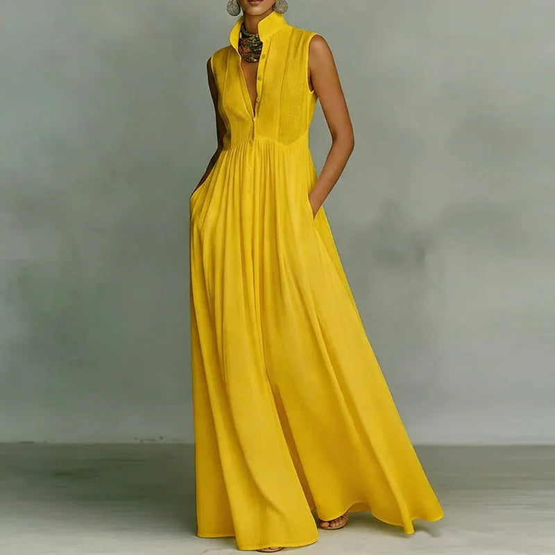 Bohemian Stand Collar Button Maxi Shirt Dress for Women